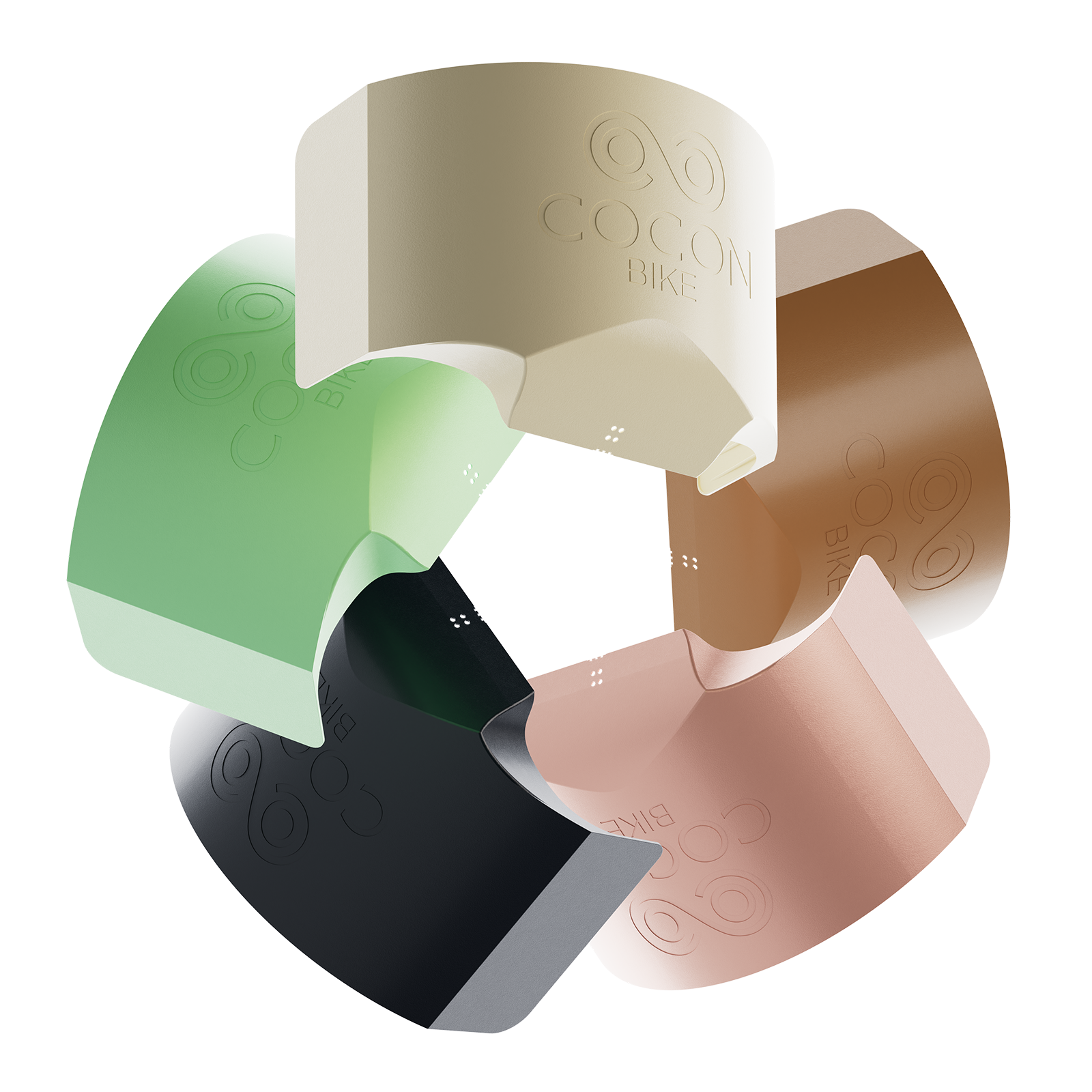 Les cinq coloris CoconBike : noir, vert sauge, crème, terracotta, rose poudré